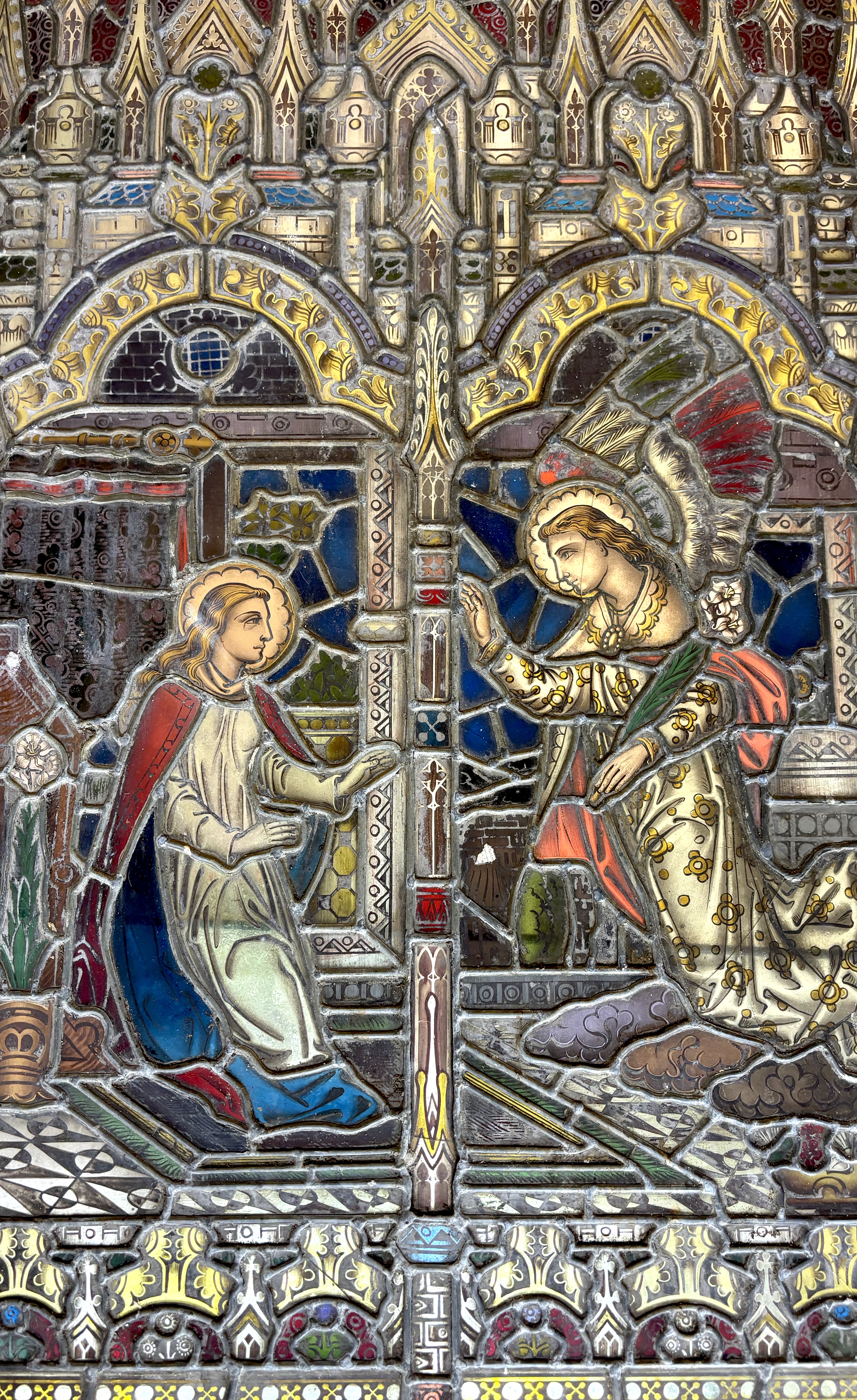 A Victorian stained glass panel, 99x65cm